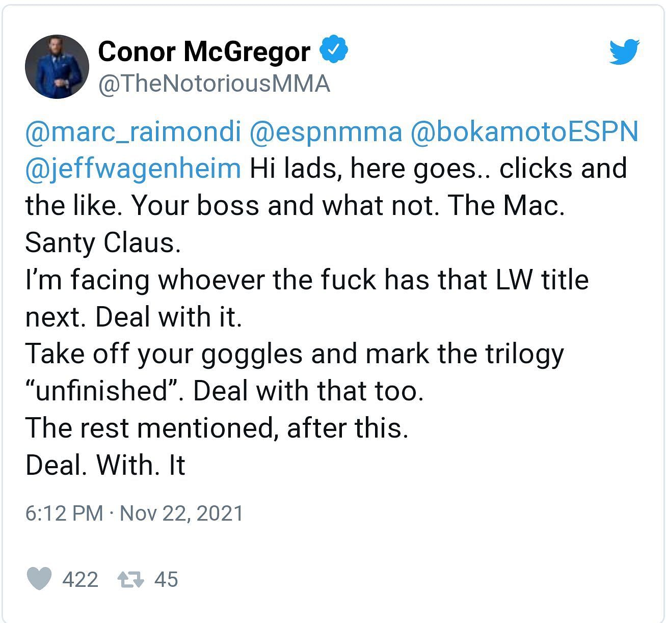 Screenshot of Conor McGregor&#039;s deleted tweet hinting towards a title shot on his return.