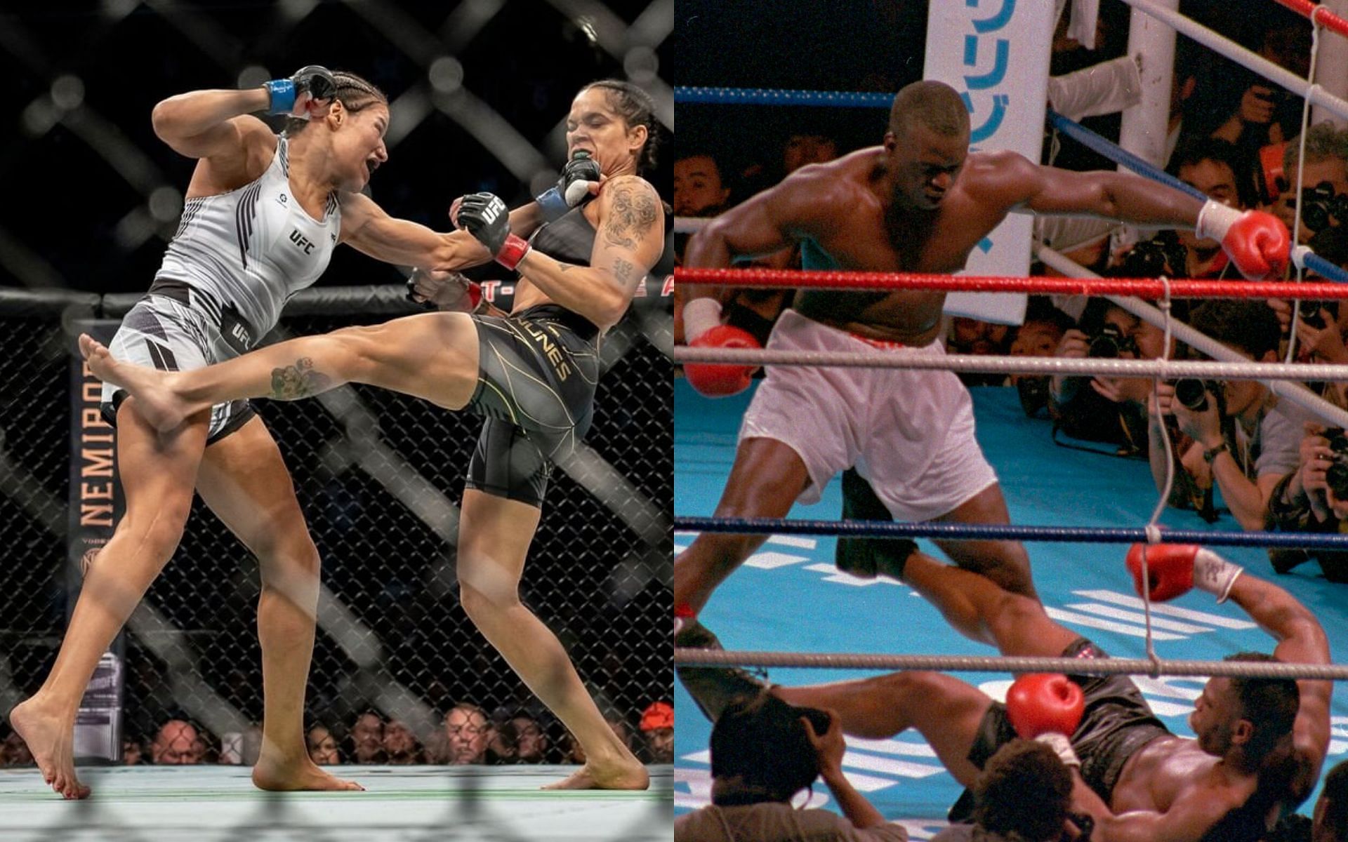 Julianna Pena vs. Amanda Nunes (left); Buster Douglas vs. Mike Tyson (right) [Photo via @ufc on IG &amp; @BleacherReport on Twitter]