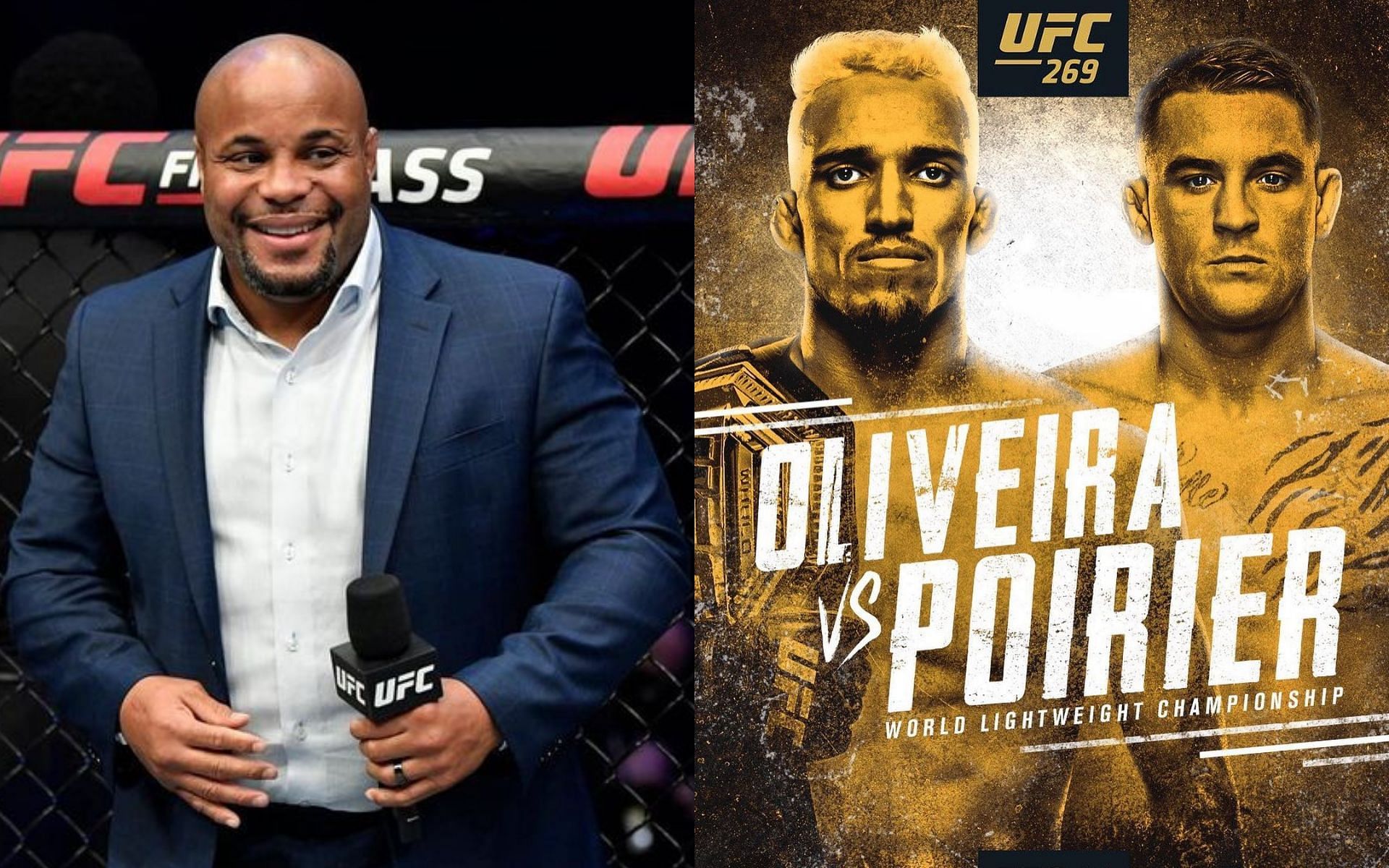 Daniel Cormier (left); Charles Oliveira vs. Dustin Poirer (right) [Photos via @dc_mma and @dustinpoirier on Instagram]