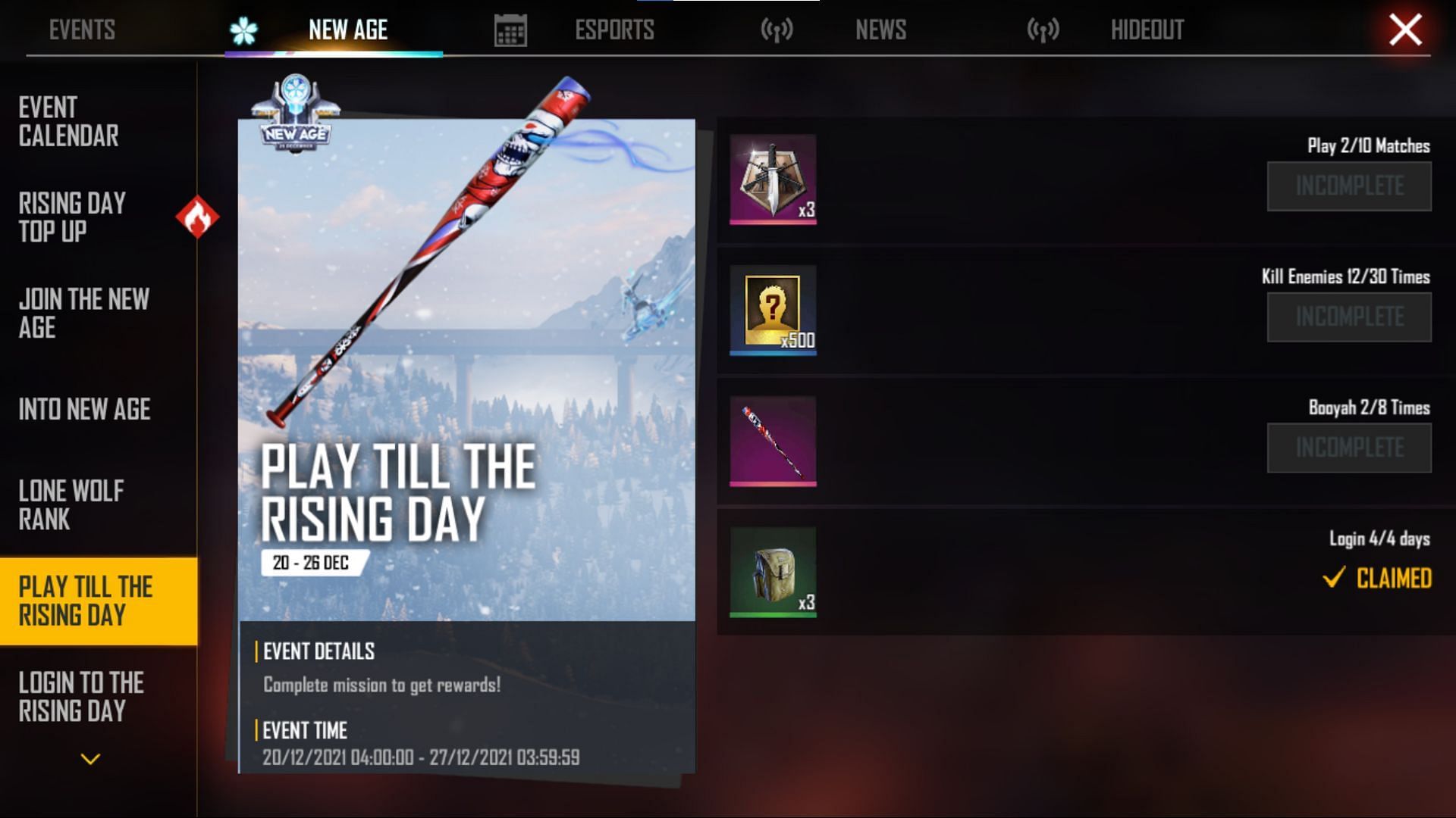 Play Till the Rising Day event (Image via Free Fire)