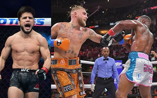 Former two-division UFC champion Henry Cejudo (left), professional boxing rivals Jake Paul (center) and Tyron Woodley (right)