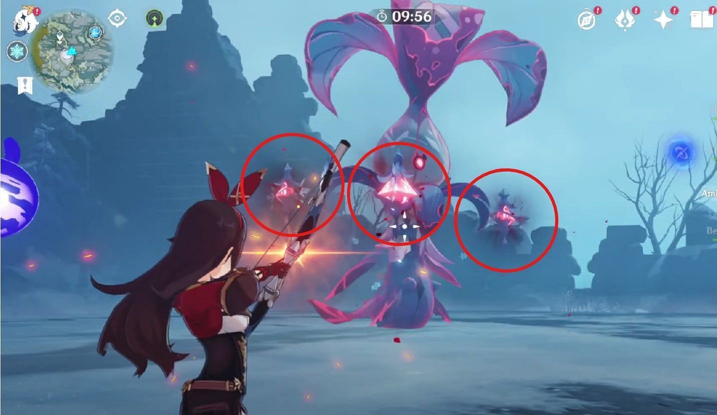 Three Arcane fruits summoned by the Cryo Whopperflower boss in Genshin Impact (Image via Genshin Impact)