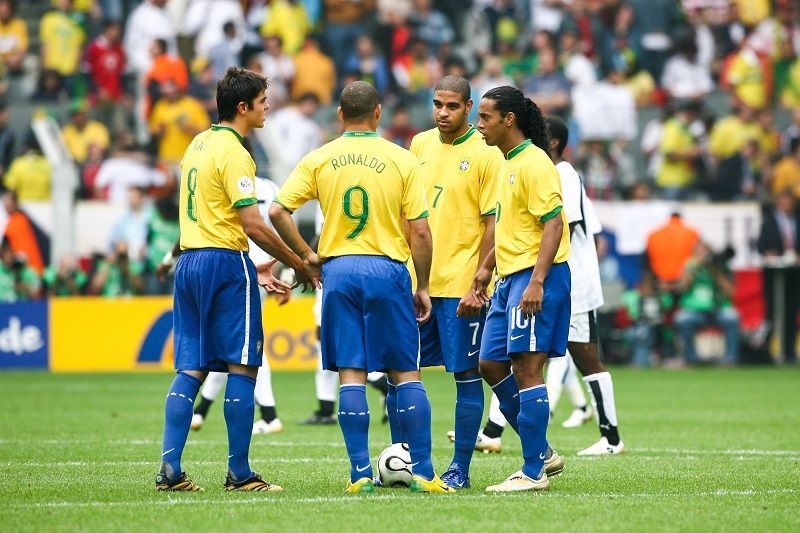 Brazilian Ronaldinho Gaucho celebrates after scoring a second