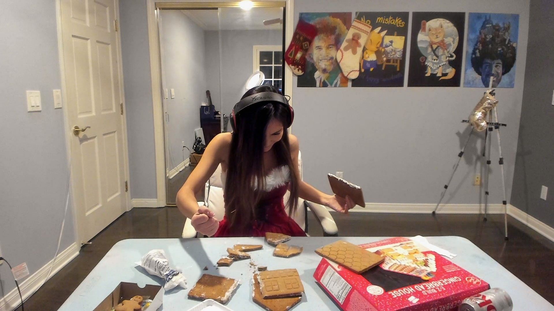 Waterlynn has a hilarious fail while making a gingerbread house for Christmas on stream (Image via Twitch/waterlynn)