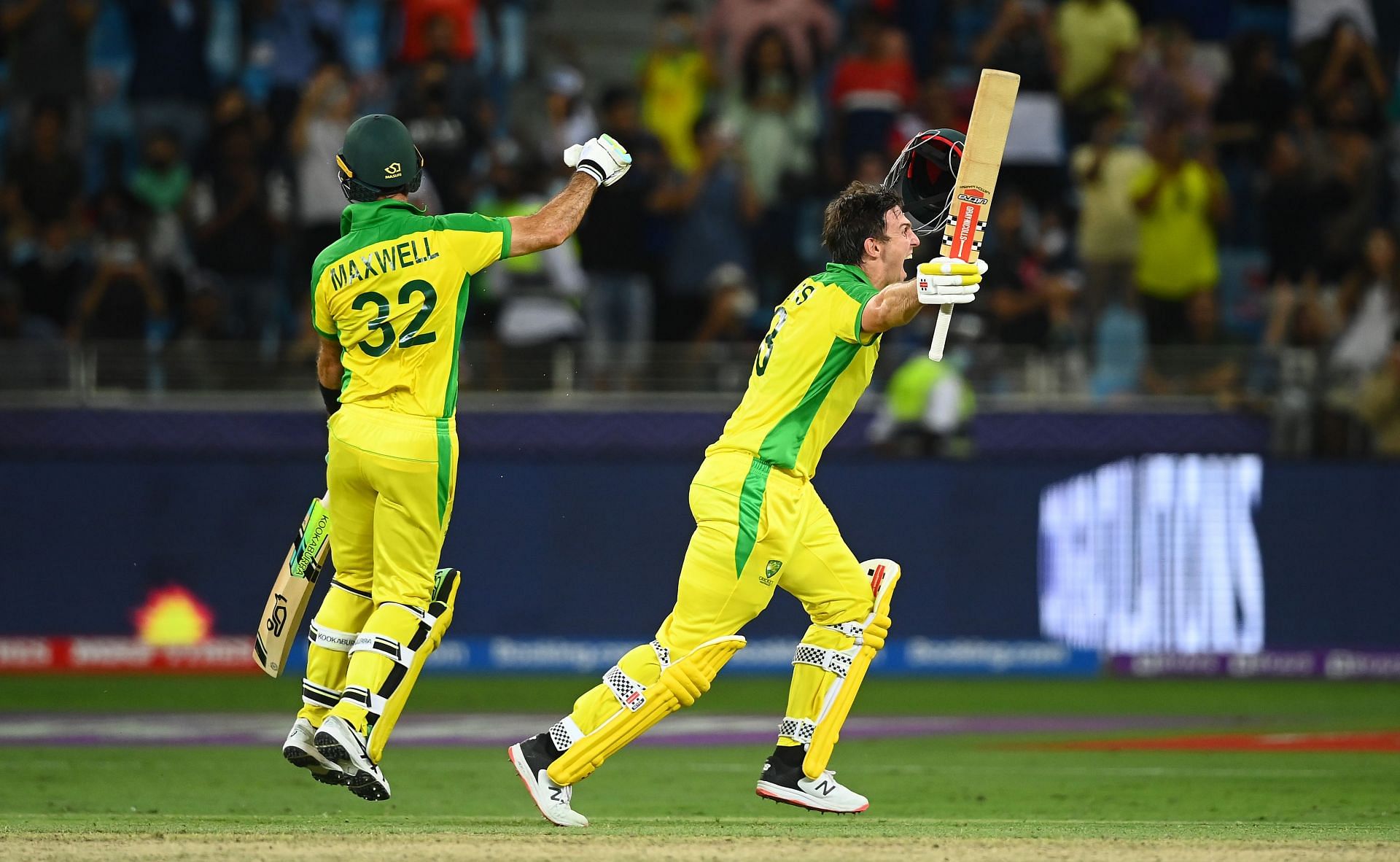 Mitchell Marsh celebrates with Glenn Maxwell after Australia win the T20 World Cup final. Pic: Getty Images