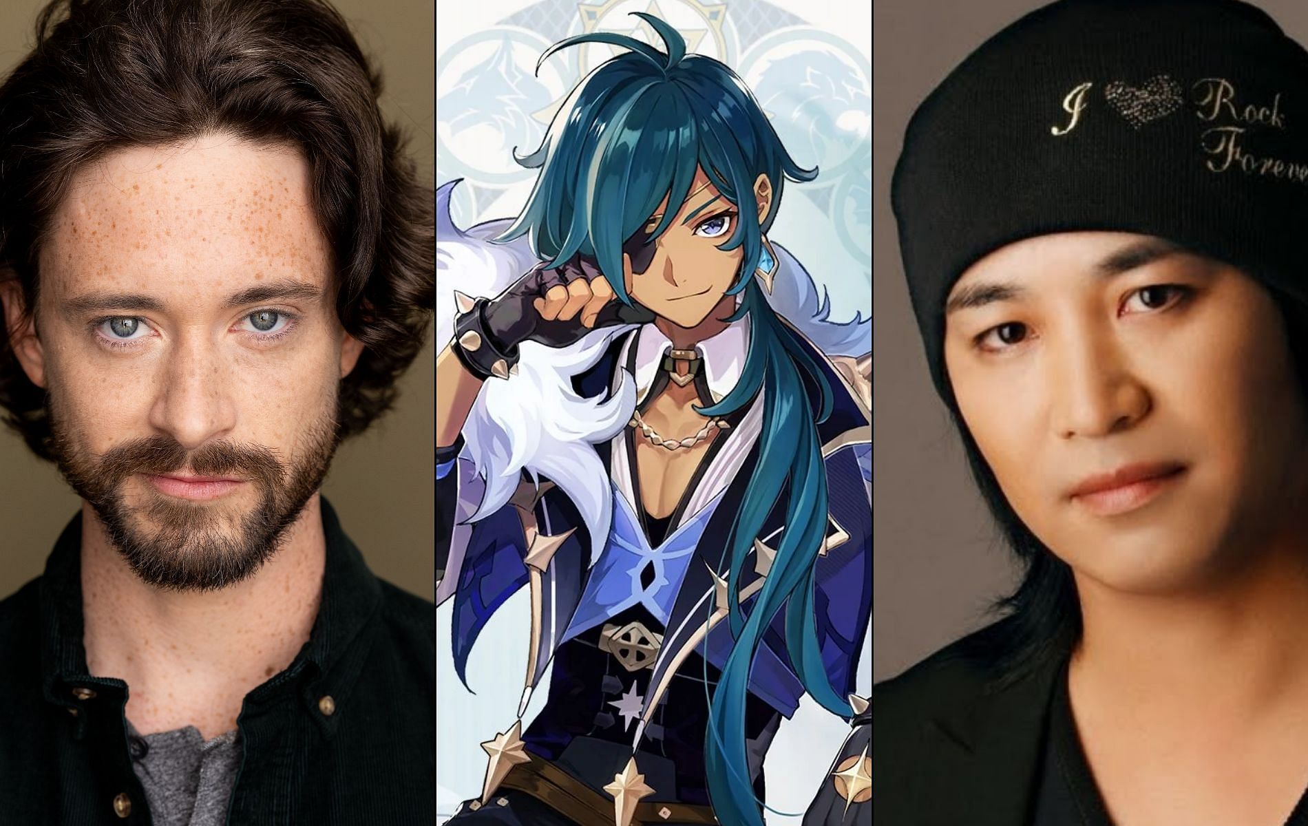 Kaeya&#039;s English and Japanese voice actors (Image via IMDB, Genshin Impact, Behindthevoiceactors)