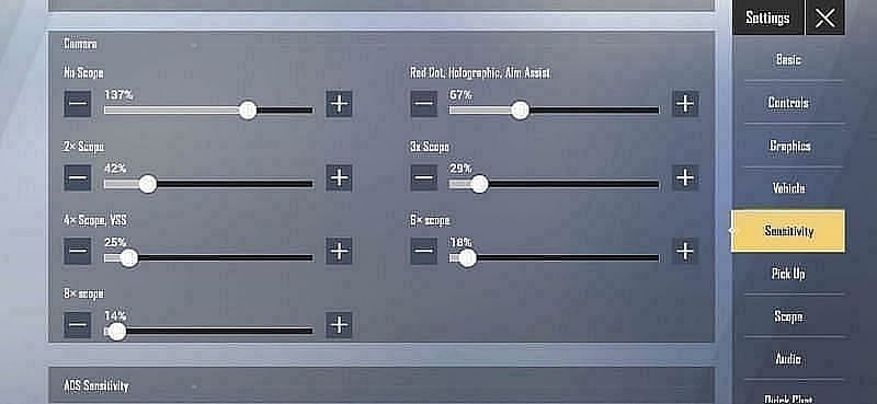 A snippet showing PUBG Mobile Lite camera sensitivity (Image via Krafton)