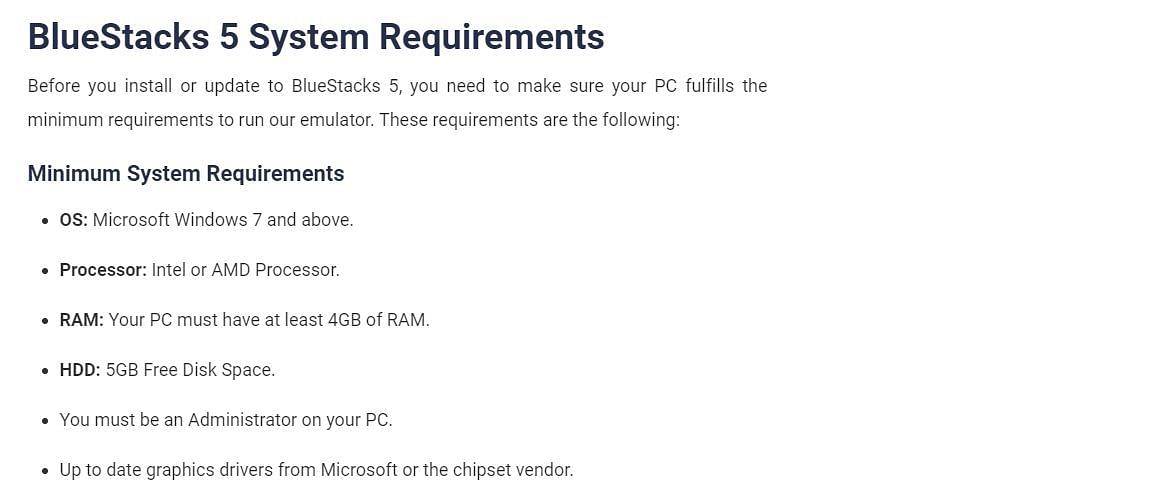 Requisitos del emulador (imagen a través de BlueStacks)