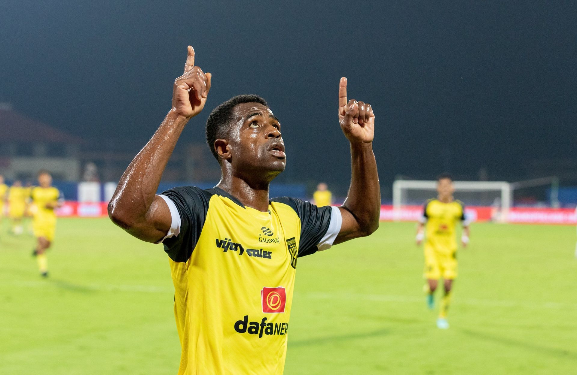 Bartholomew Ogbeche celebrates after scoring against NorthEast United. (Image Courtesy: Twitter/IndSuperLeague)