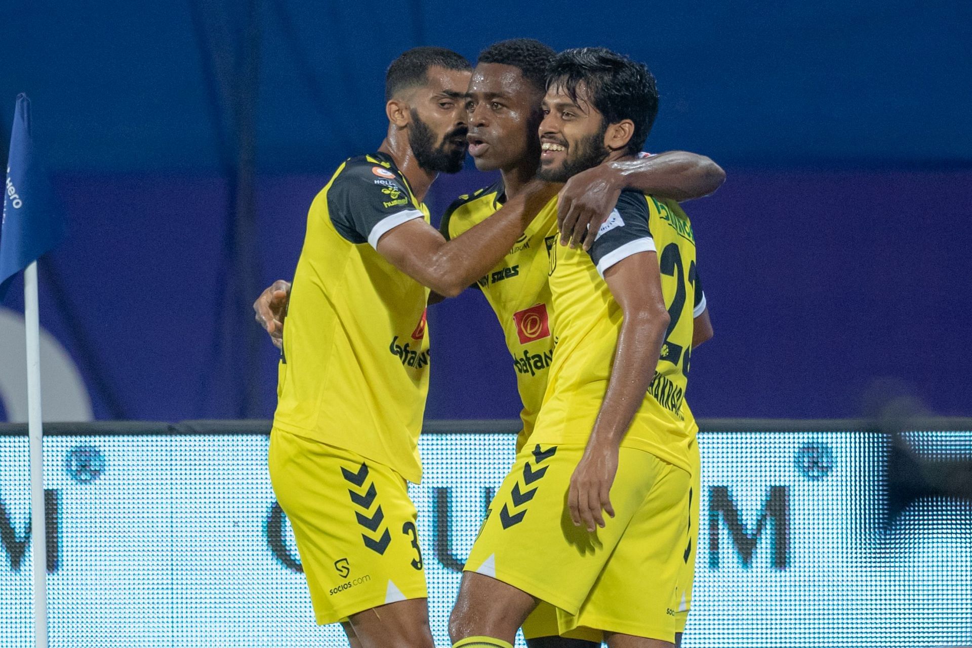 Hyderabad FC&#039;s Ogbeche celebrates the win with teammates (Image Courtesy: ISL)