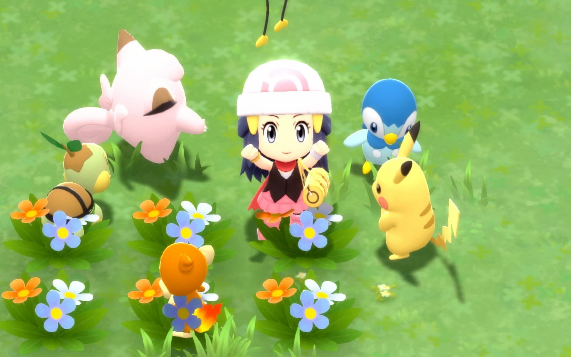 A trainer surrounded by Pokemon in Brilliant Diamond and Shining Pearl (Image via ILCA)