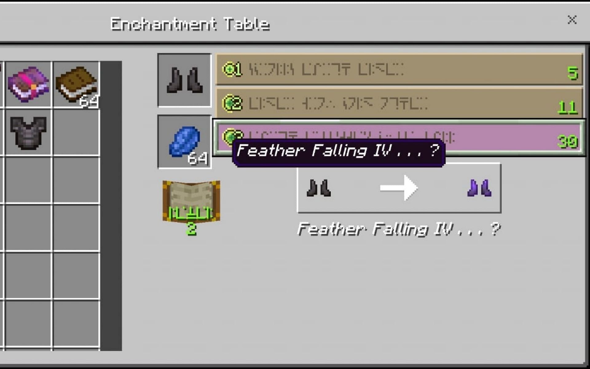 Feather Falling enchantment can be applies only on boots (Image via Minecraft)