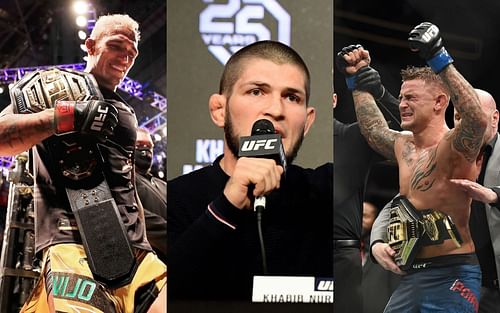 Charles Oliveira (left), Khabib Nurmagomedov (center) and Dustin Poirier (right)