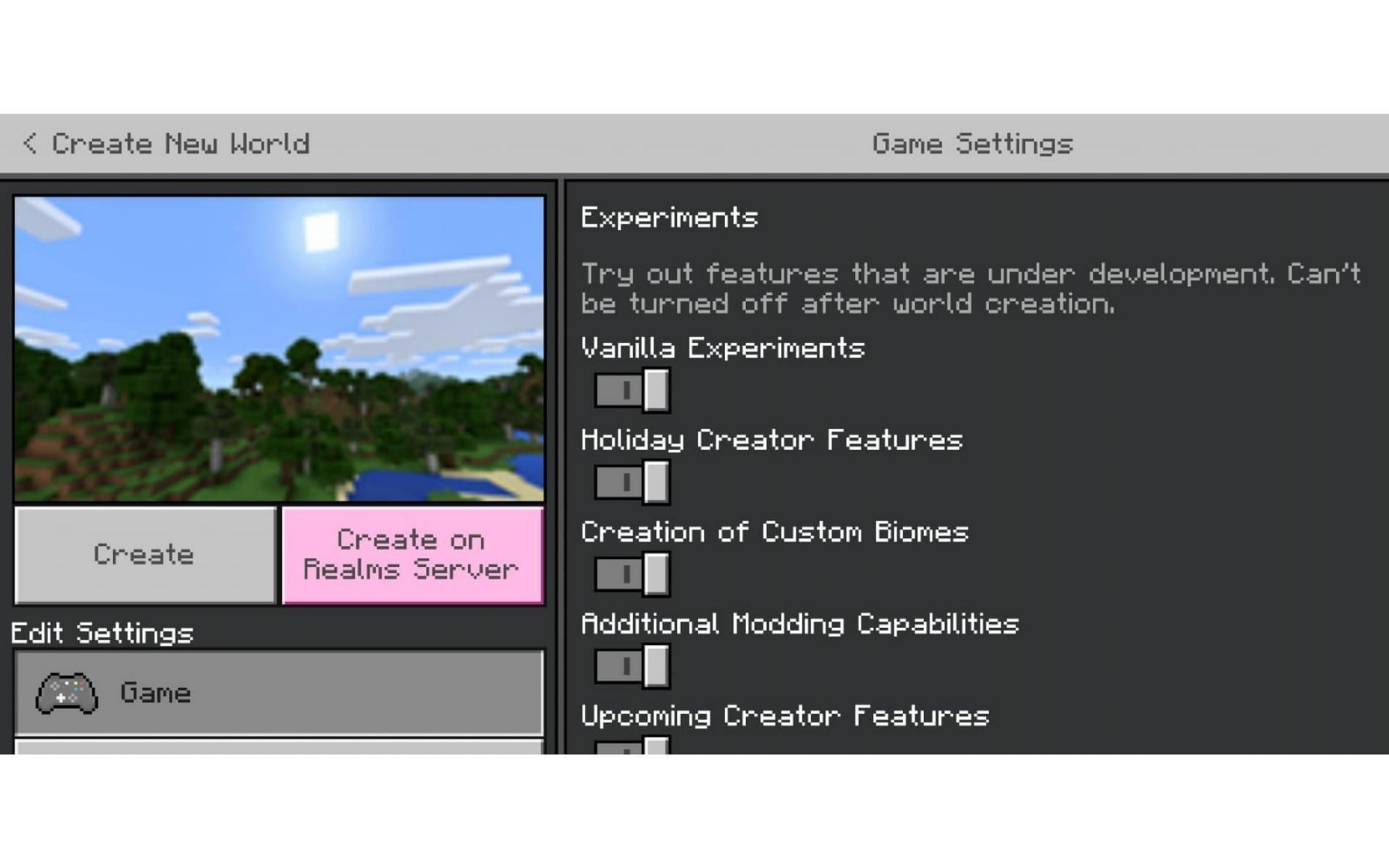 Enable all the Experimental Settings (Image via Minecraft)