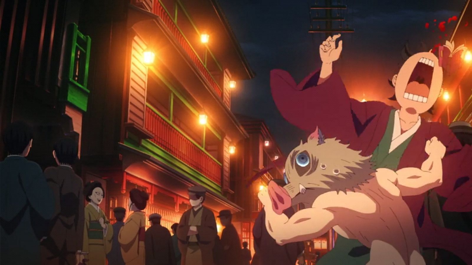 Inosuke knocks out an Entertainment District citizen, not noticing or caring (Image via Funimation)
