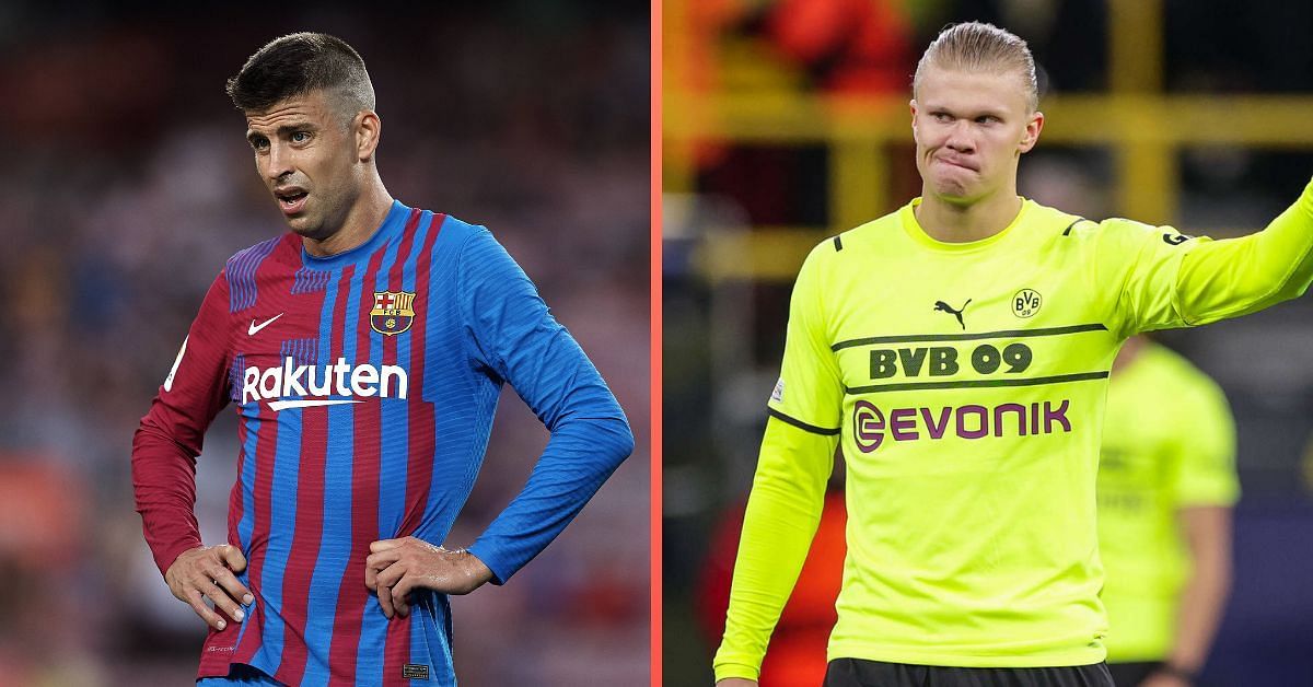 Barcelona&#039;s Gerard Pique and Borussia Dortmund&#039;s Erling Haaland