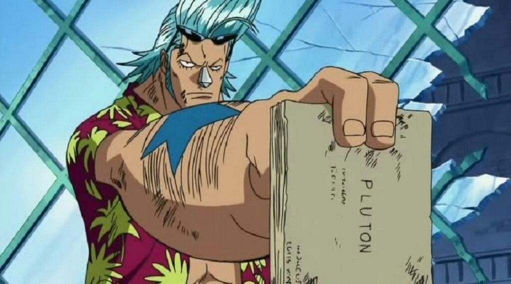 Franky holding the blueprints for the Ancient Weapon, Pluton. (Image via Toei Animation)