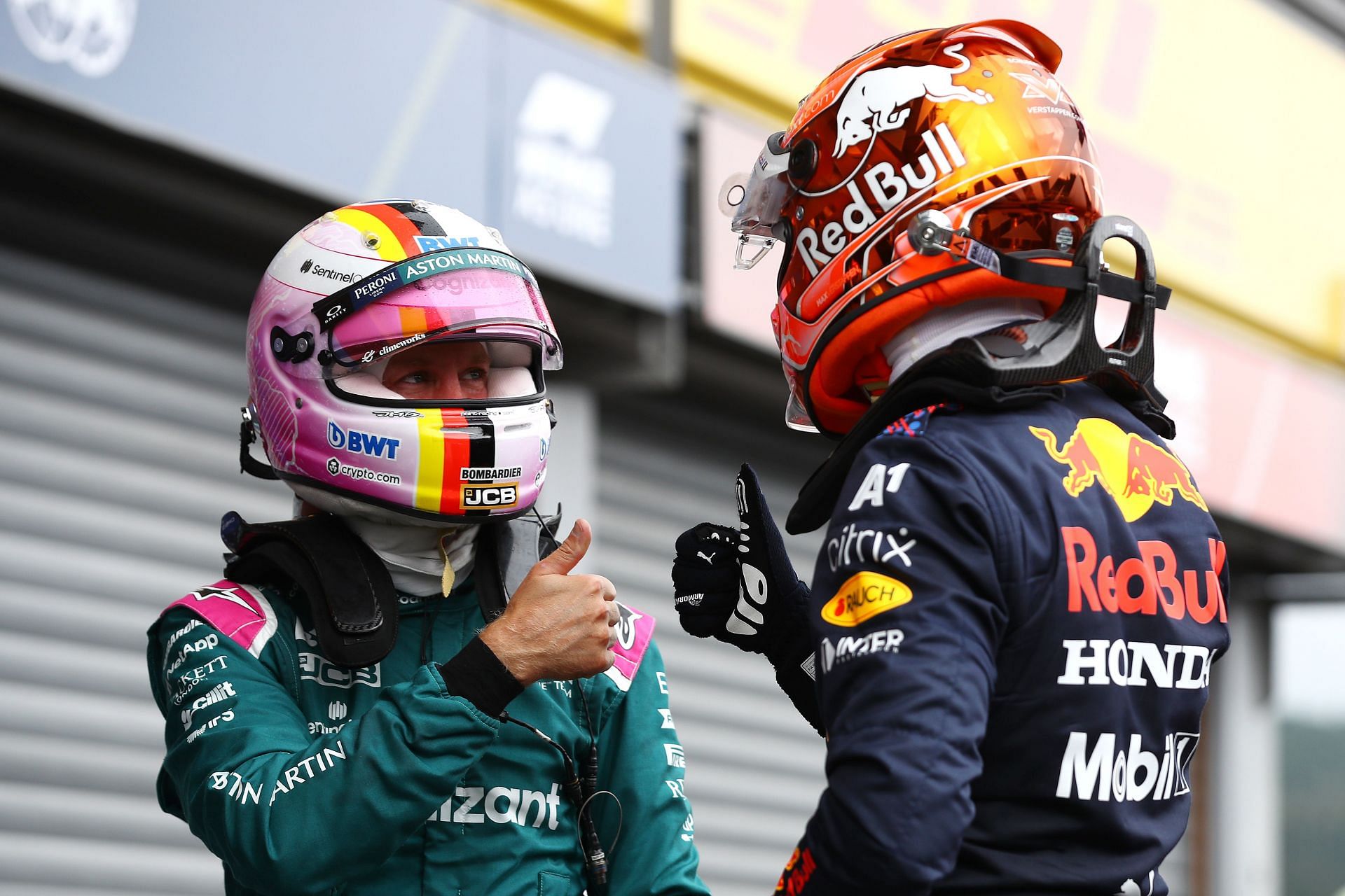 F1 Grand Prix of Belgium - Sebastian Vettel and Max Verstappen congratulate each other.