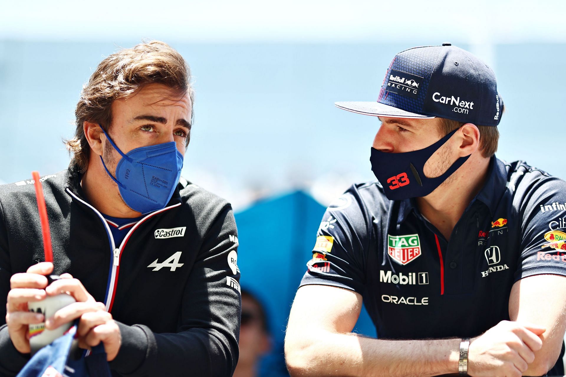 Fernando Alonso and Max Verstappen have a chat during the driver&#039;s parade at the Brazilian Grand Prix