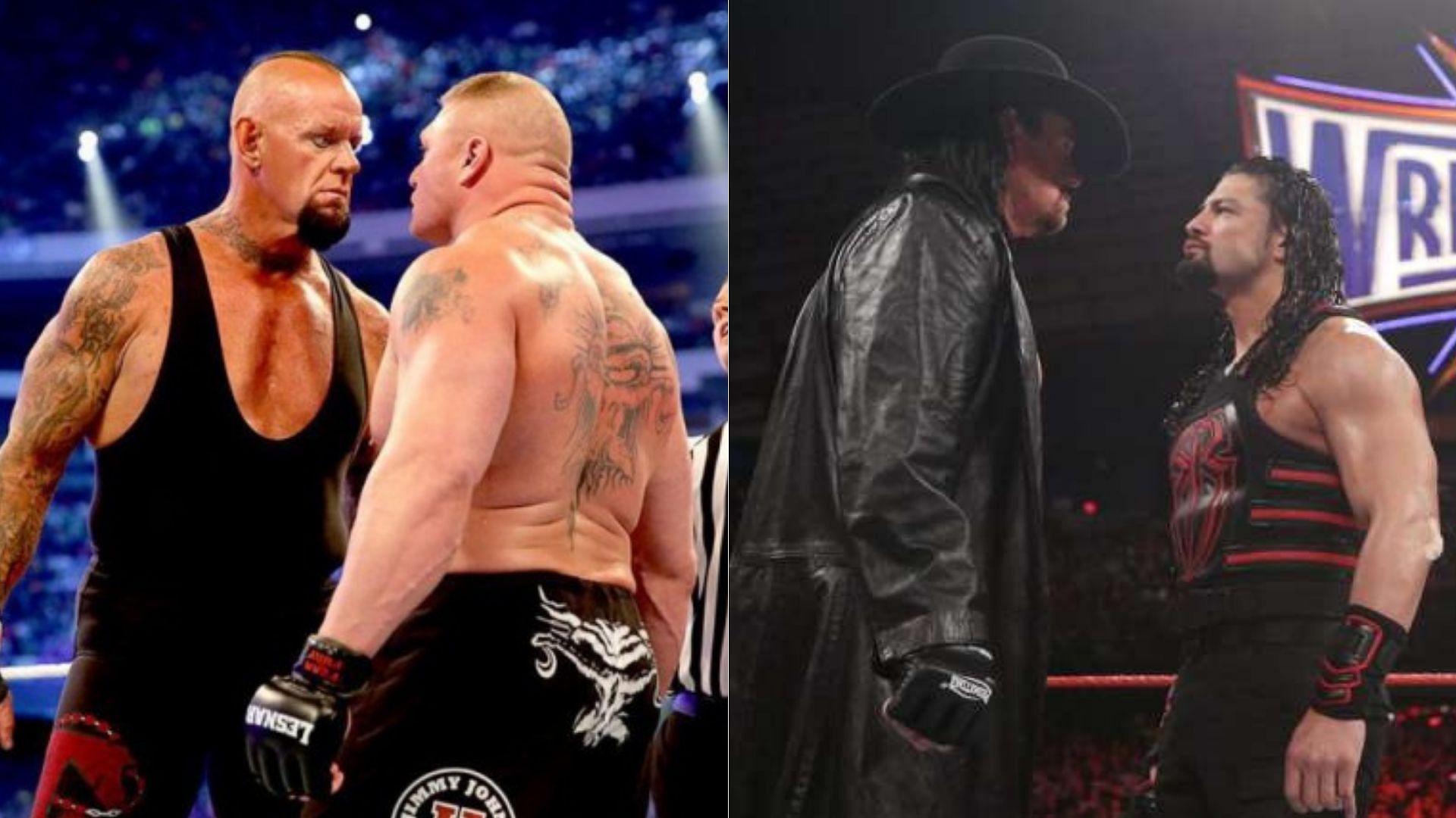 The Undertaker and Brock Lesnar (left); The Undertaker and Roman Reigns (right)
