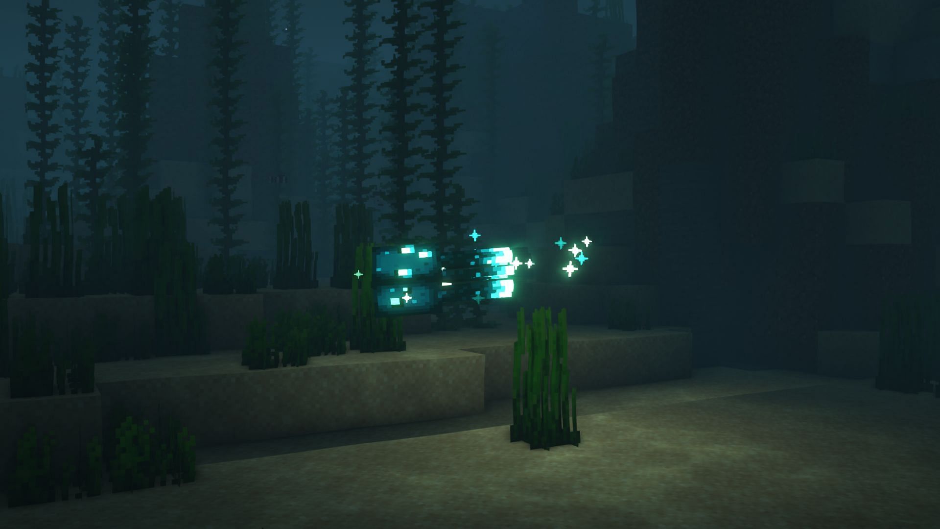 Los calamares luminosos engendran bajo el agua, por debajo de Y30 (Imagen a través de Minecraft)