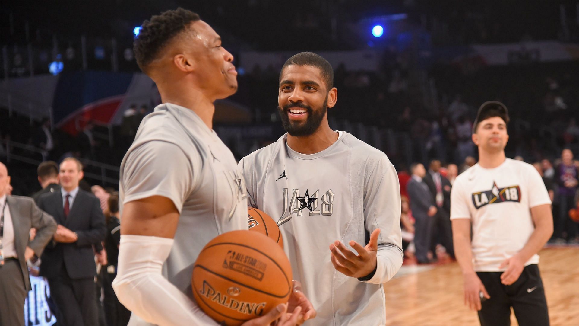 Rusell Westbrook, left, and Kyrie Irving could end up swapping teams in the offseason.