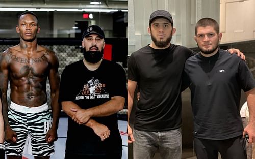 Israel Adesanya, Eugene Bareman, Islam Makhachev, and Khabib Nurmagomedov (from left to right) [Images courtesy: @stylebender and @islam_makhachev on Instagram]