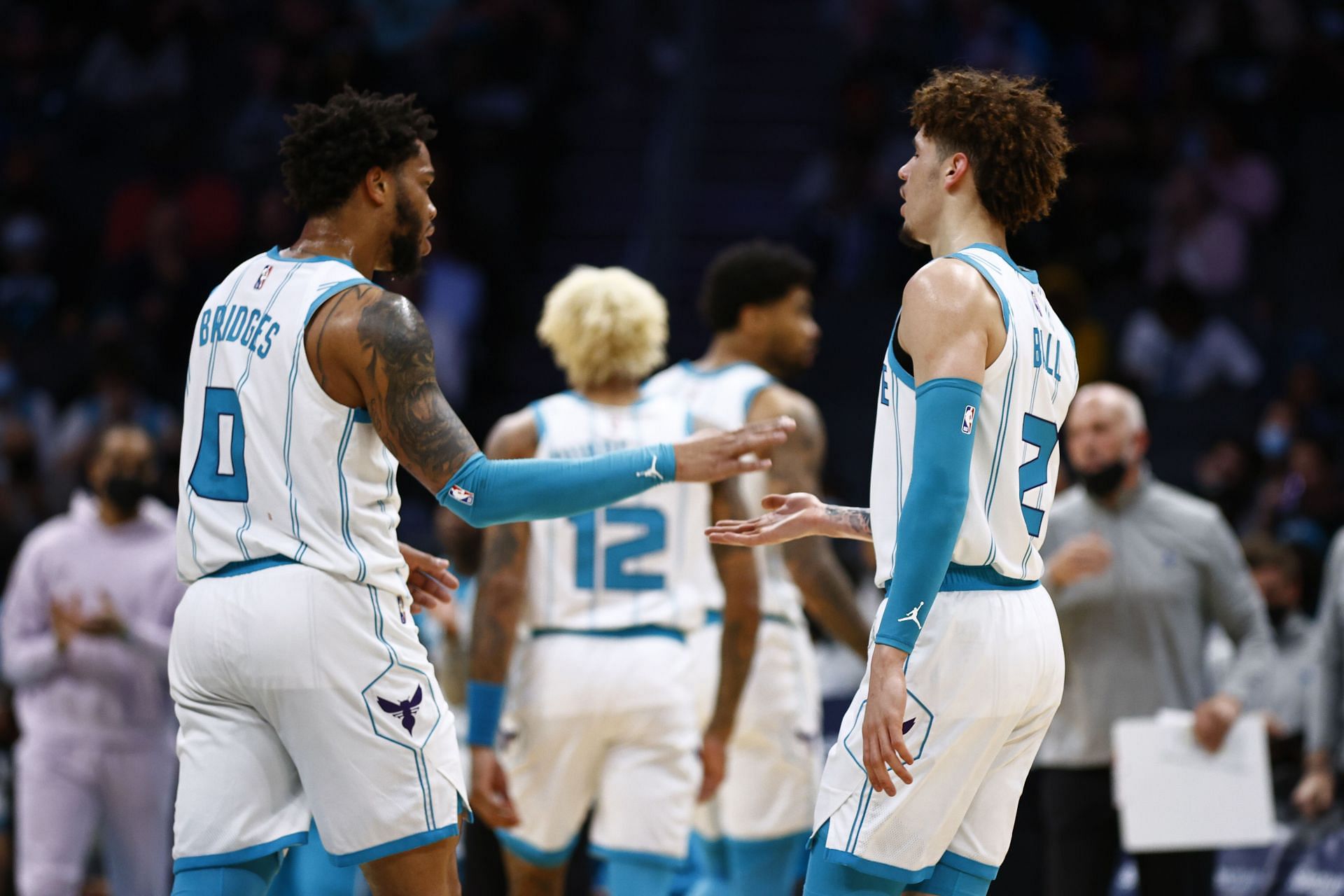 LaMelo Ball and Miles Bridges of the Charlotte Hornets