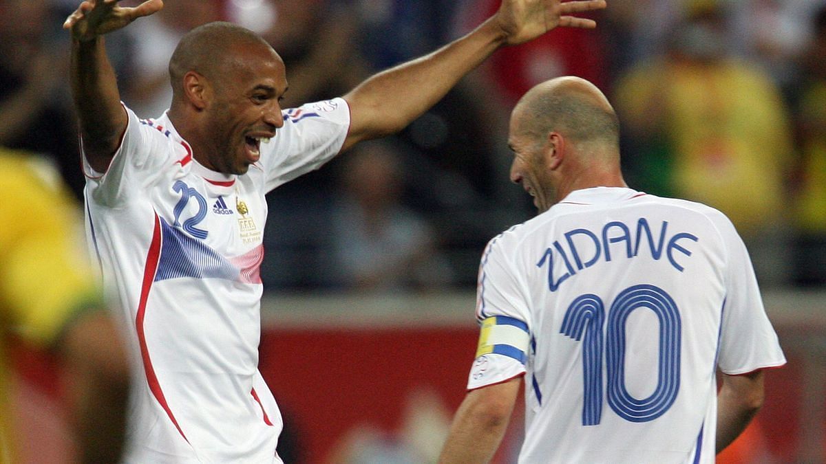 Thierry Henry (left) and Zinedine Zidane celebrating a goal in the 2006 FIFA World Cup