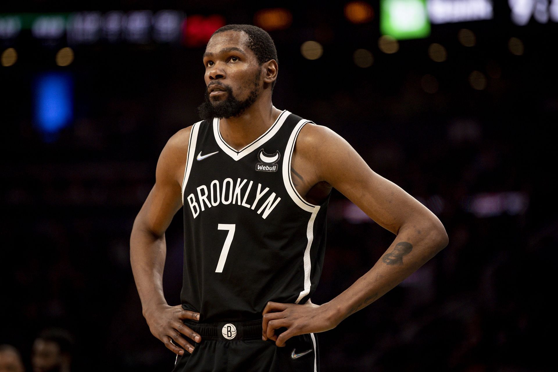 Kevin Durant #7 of the Brooklyn Nets looks on during a game against the Boston Celtics 