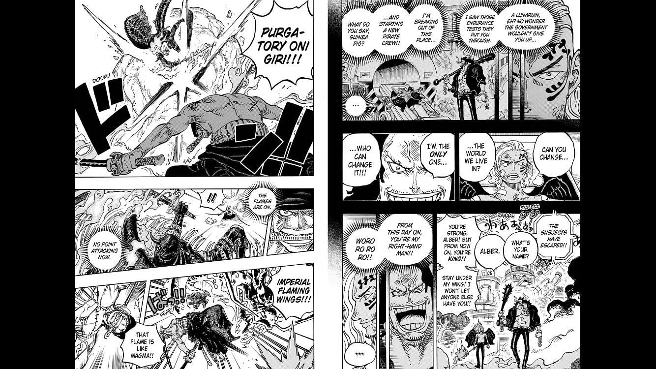 The One Piece Chapter 1035 flashback which shows Kaido saying he&#039;s the only one who can change this world. (Image via Shueisha Shonen Jump+ app)