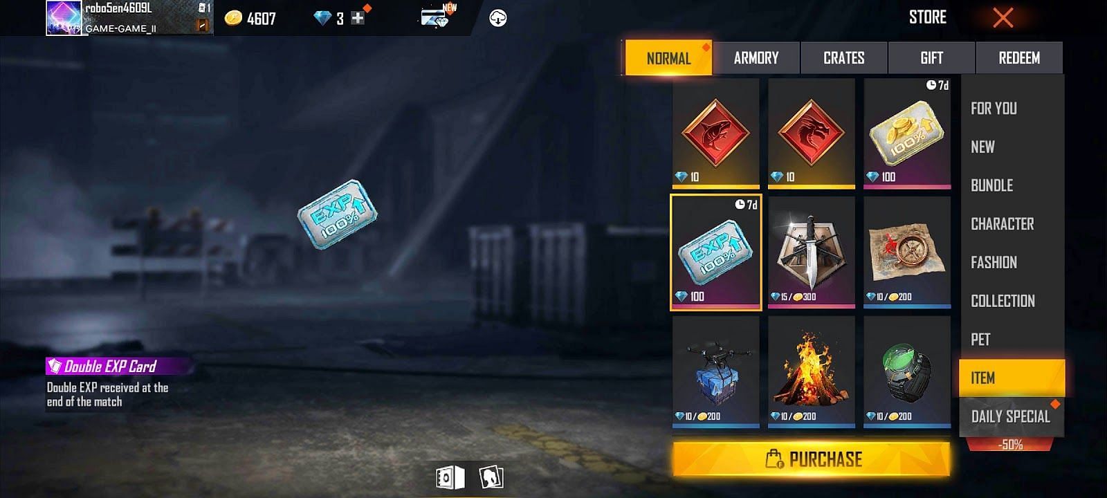 Select the Double EXP Card from the Item section in the Store (Image via Free Fire)