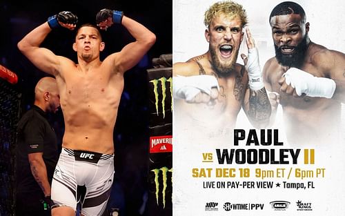 Nate Diaz (left); Jake Paul vs. Tyron Woodley (right)