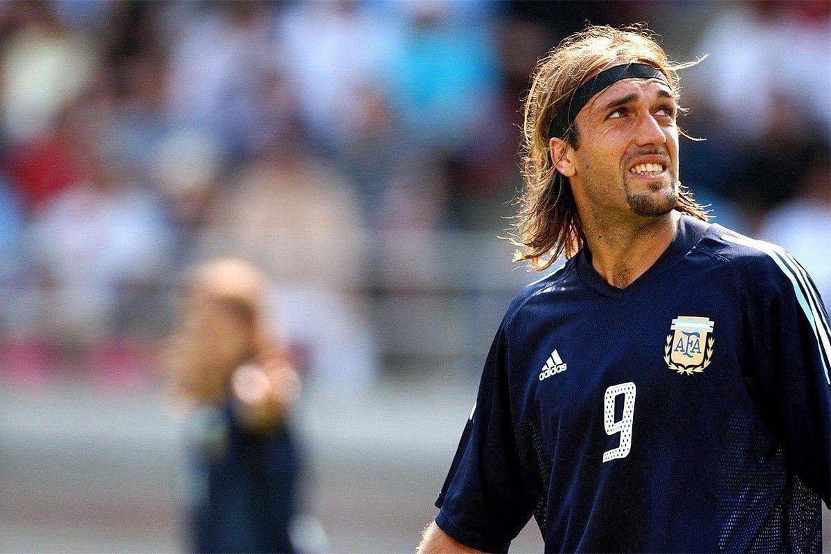 Gabriel Batistuta looking at the replay screen during a game for Argentina