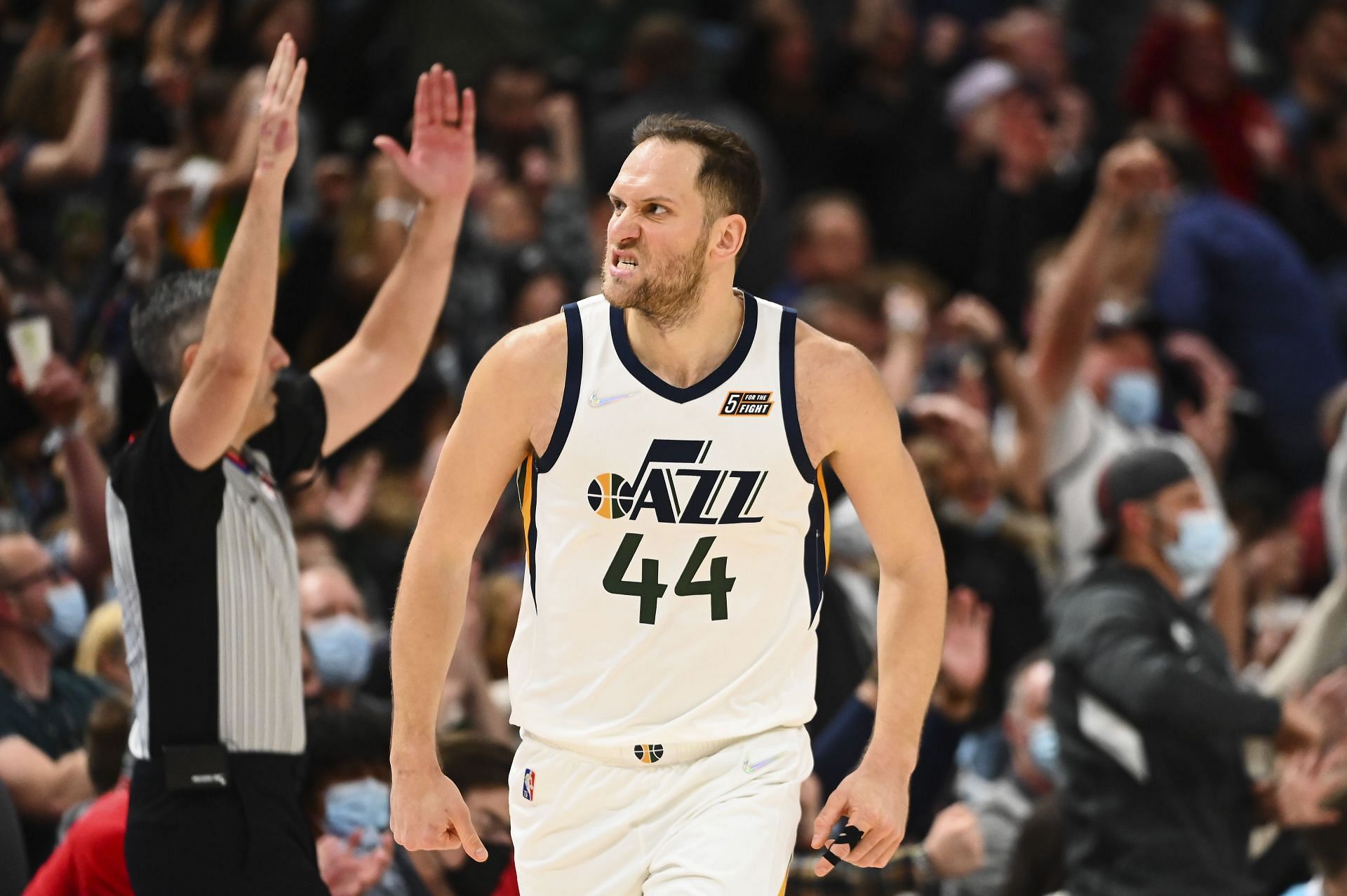 Bojan Bogdanovic of the Utah Jazz celebrates after a three-pointer