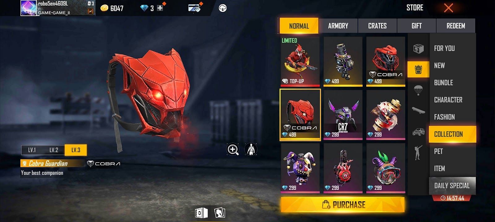 Cobra Guardian backpack is available in the Store (Image via Garena Free Fire)