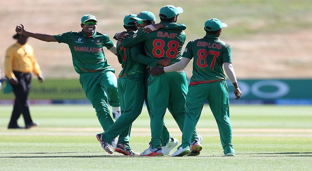 The Bangladesh U19 cricket team in action