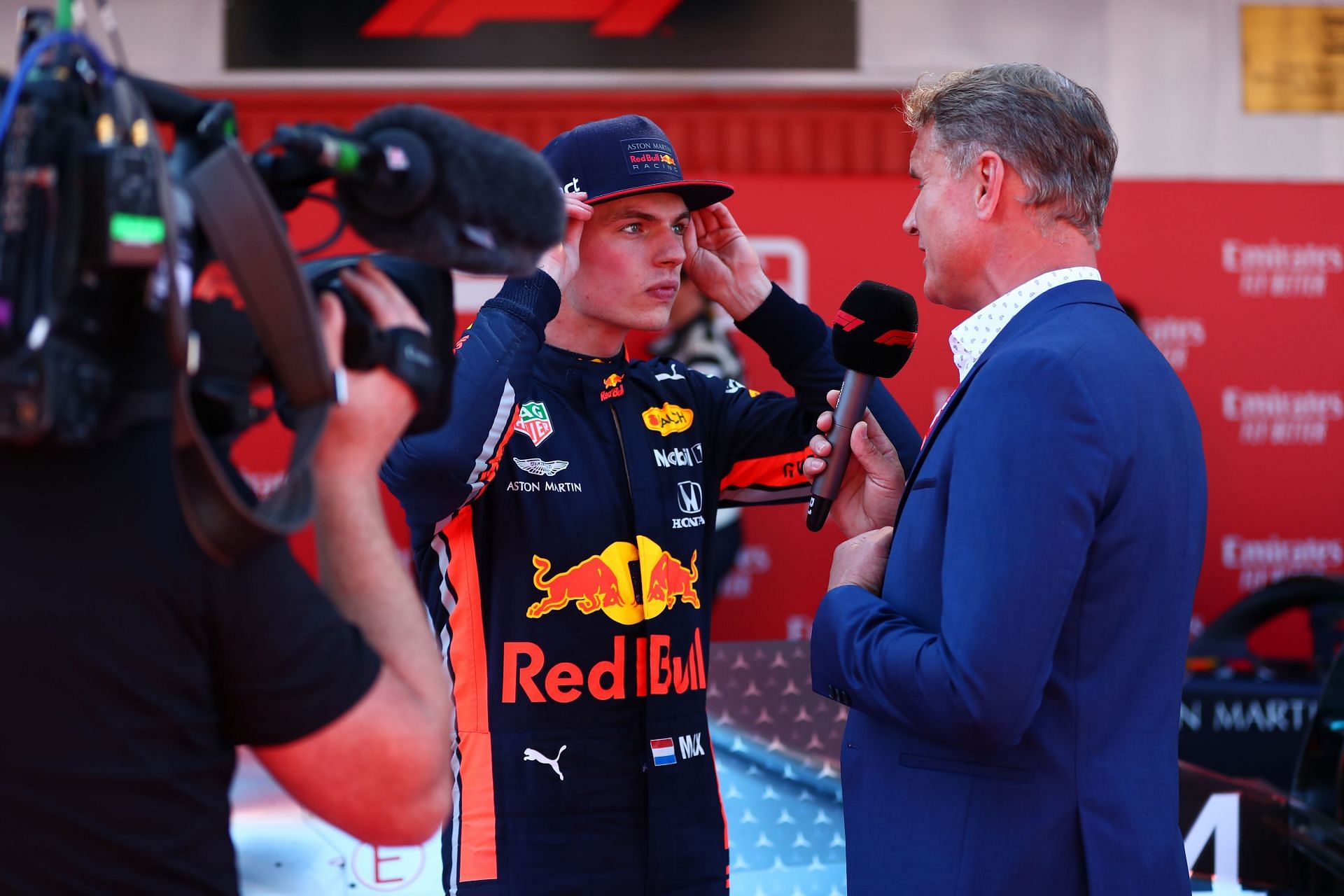 David Coulthard (right) interviews Max Verstappen after the 2019 Spanish Grand Prix