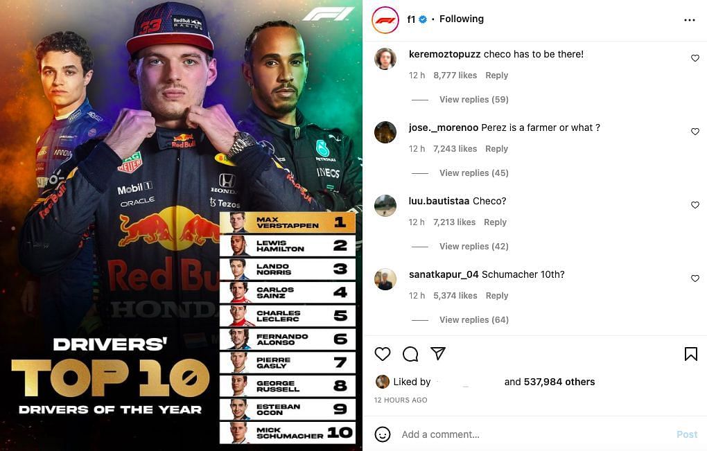Comments on the top 10 drivers (Via Instagram : @f1)
