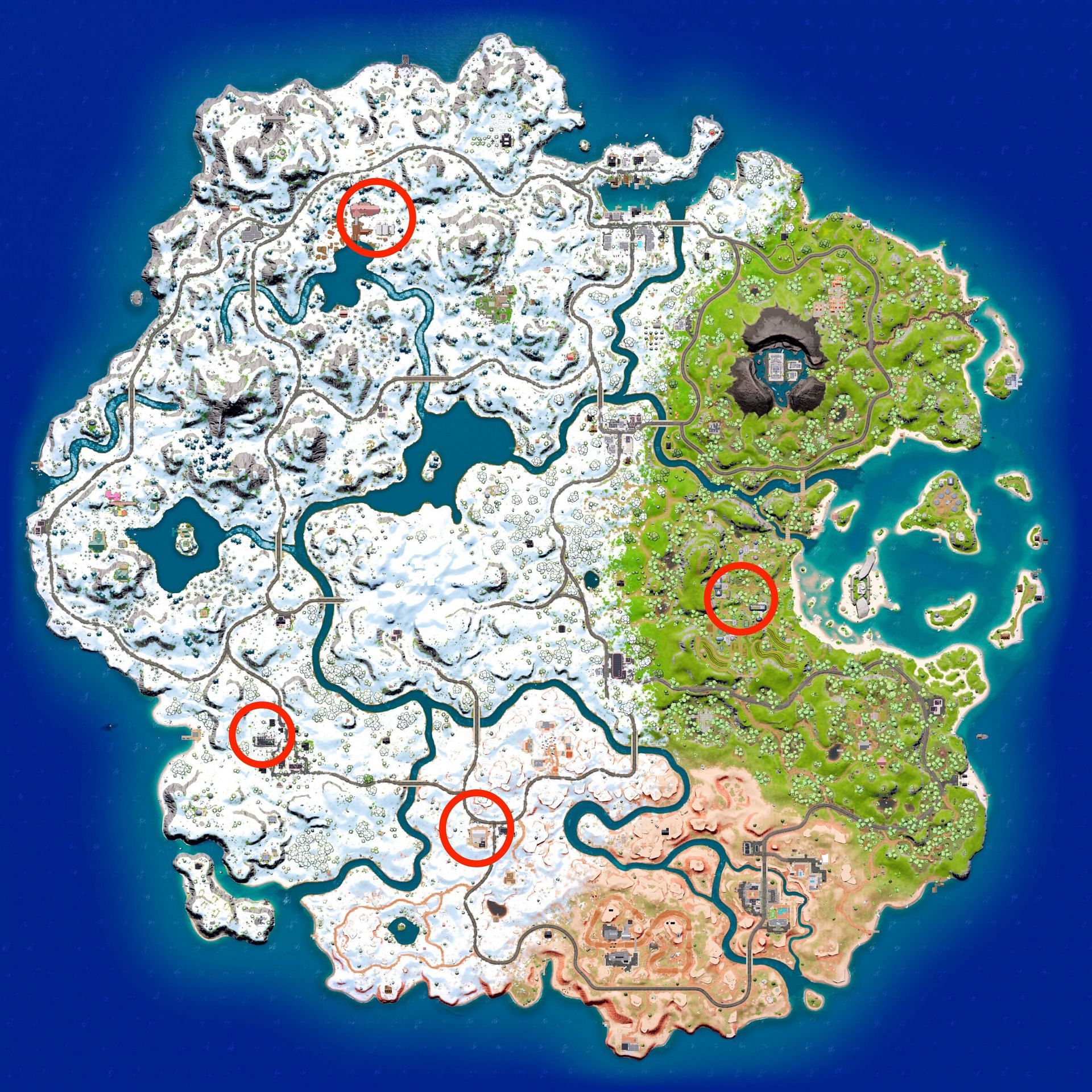 All important NPC locations in Fortnite Chapter 3 Season 1 (Image via Sportskeeda)