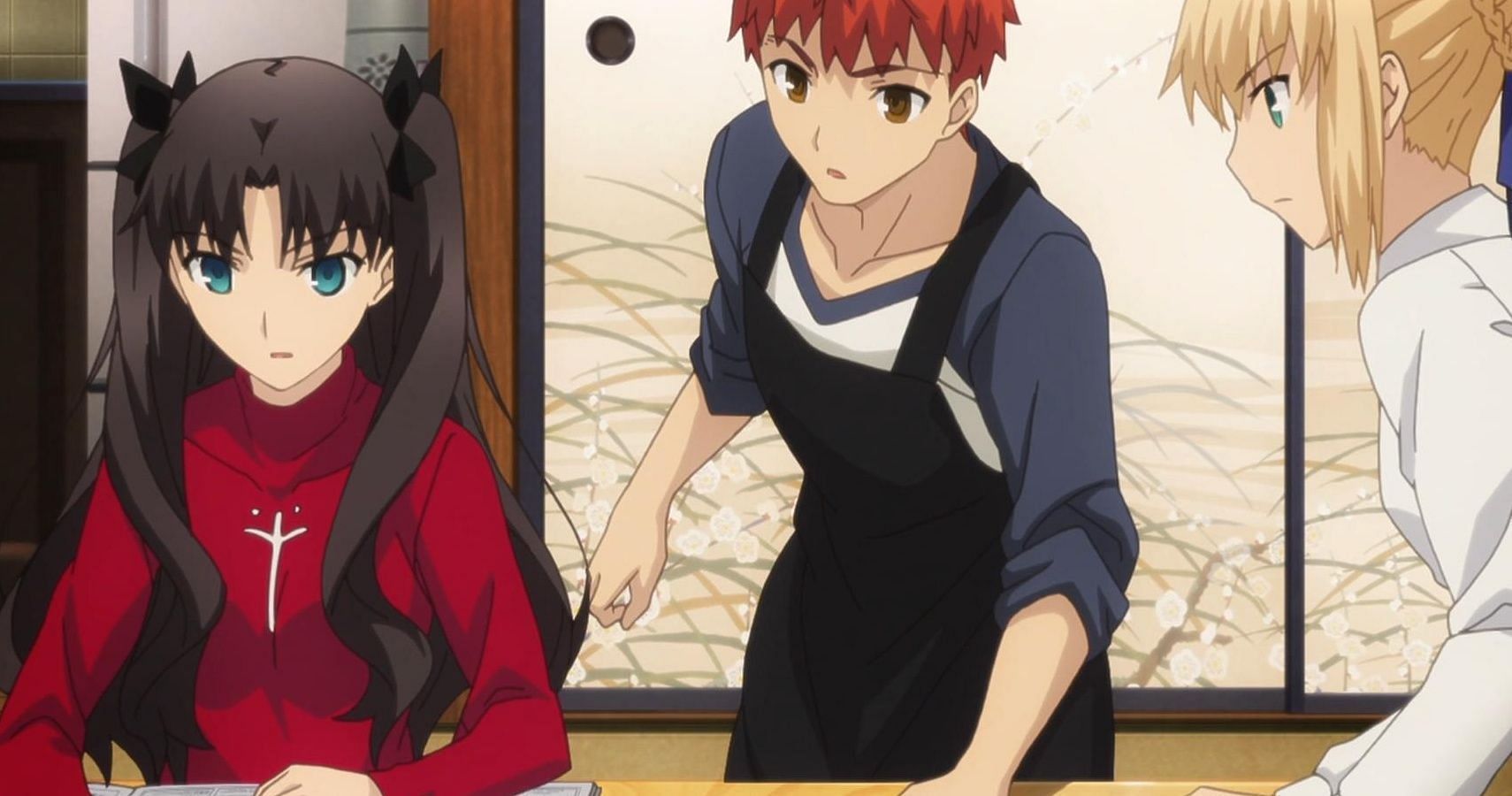 From left to right, Rin Tohsaka, Shirou Emiya, and Saber as they're seen in the TV anime adaptation. (Image via Ufotable Studio)