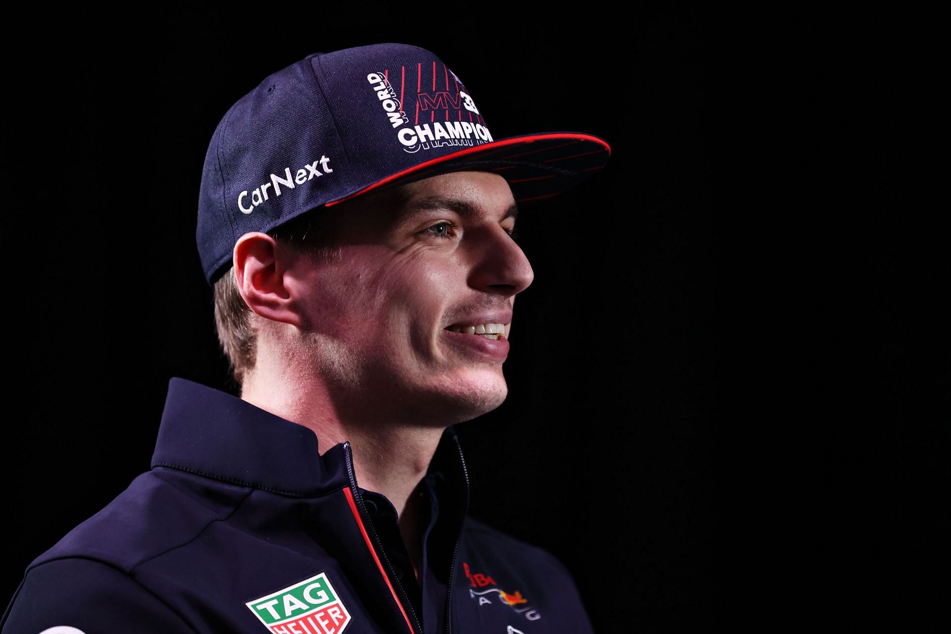 2021 F1 world drivers&#039; champion Max Verstappen talks to the media at Red Bull Racing Factory in Milton Keynes, England (Photo by Alex Pantling/Getty Images)