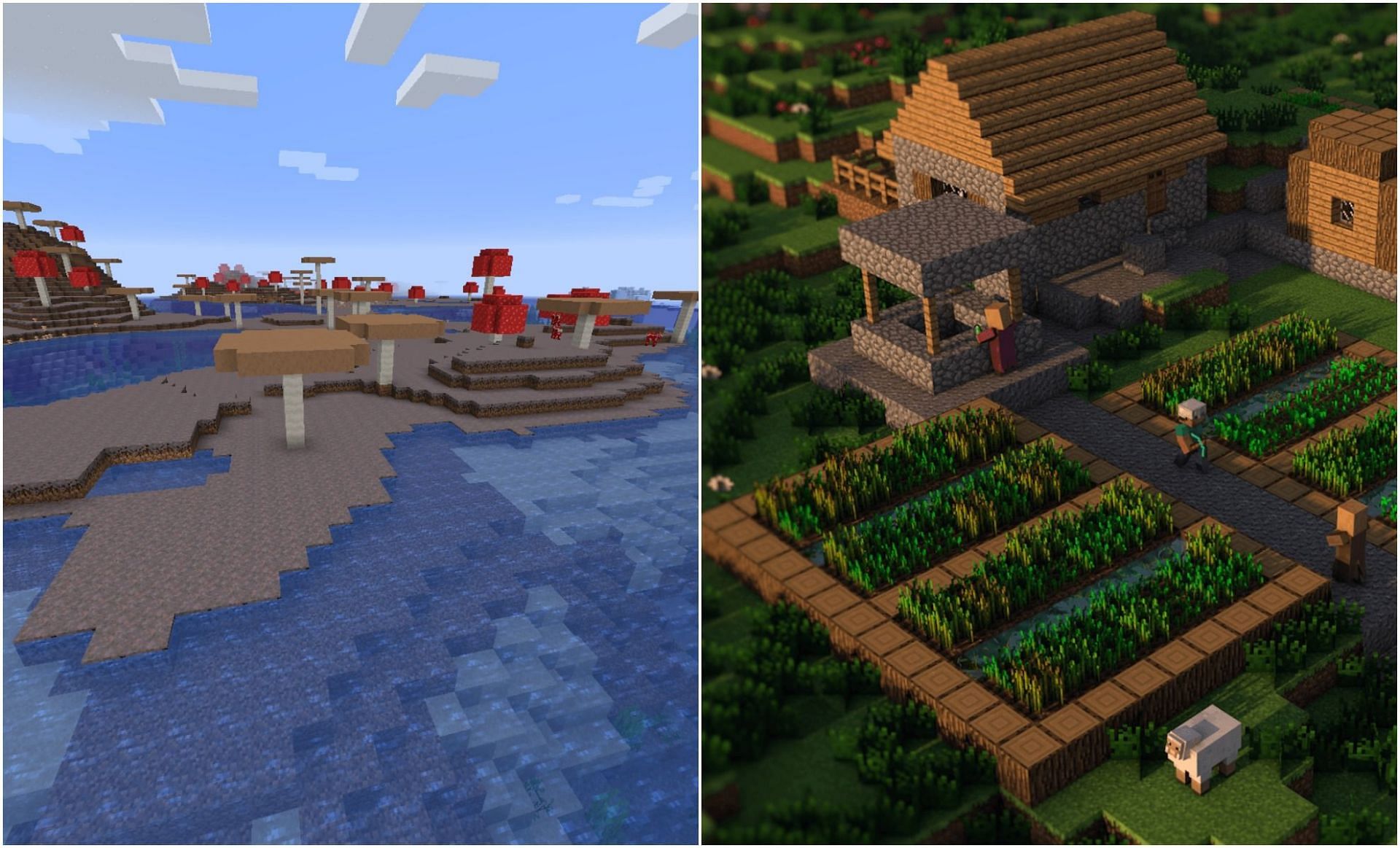 A double village and a mushroom biome can be found in this seed (Image via Minecraft)