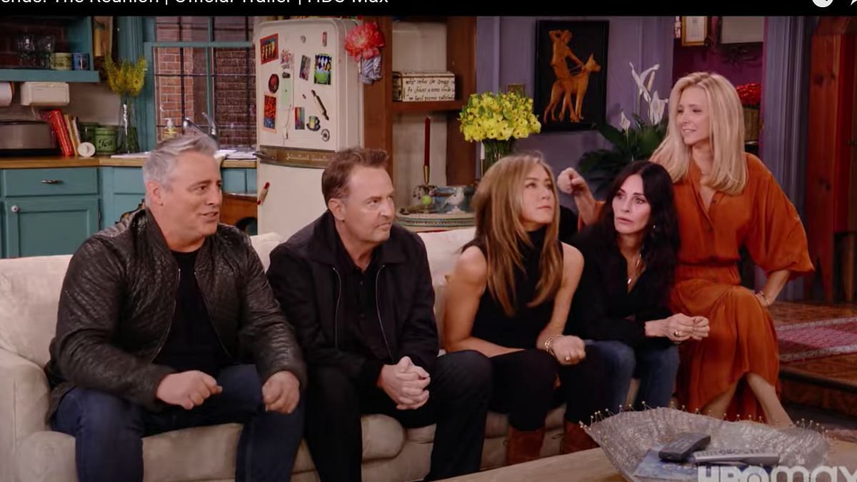 The &#039;Friends&#039; cast during their reunion (Image via HBOmax)