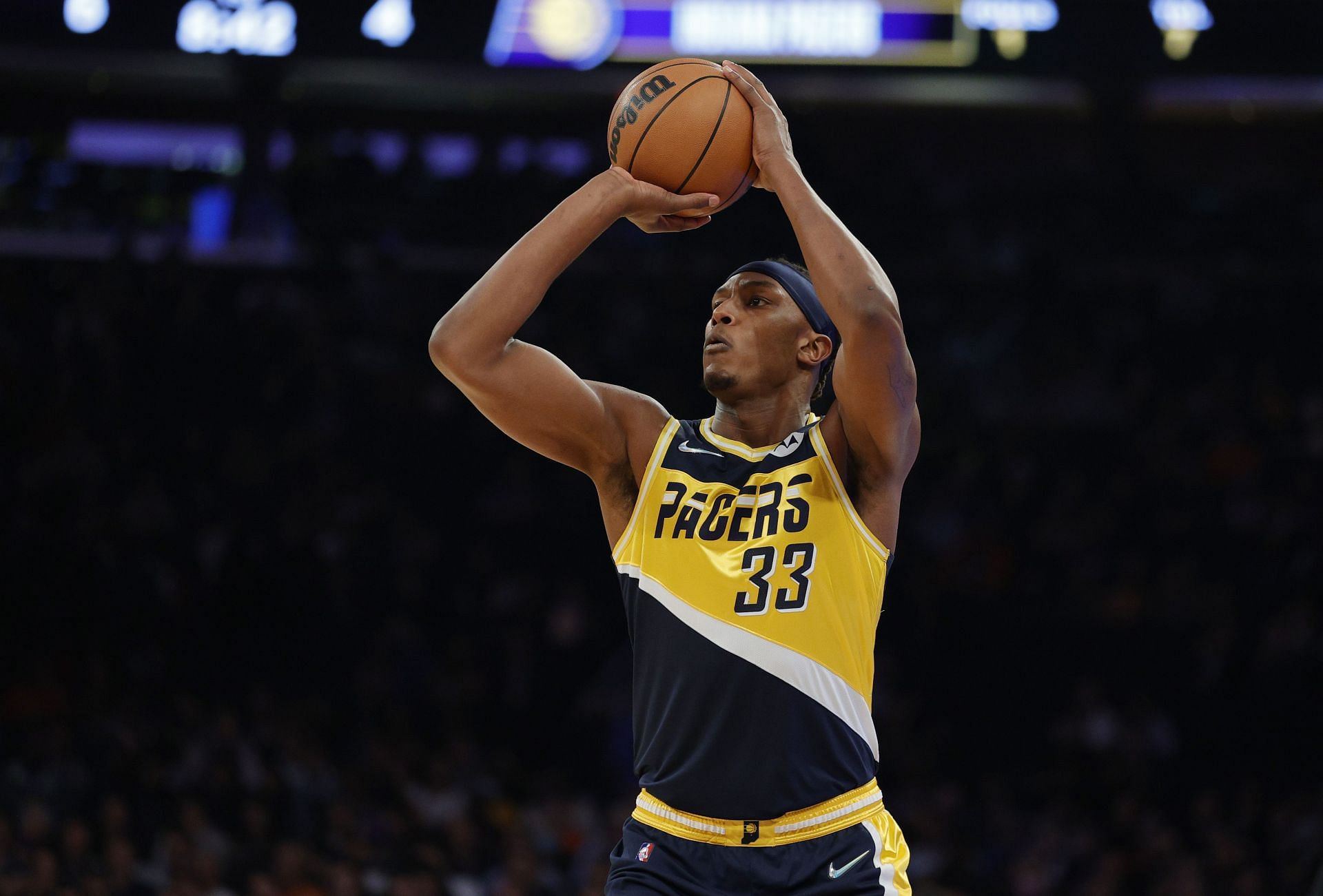 Myles Turner in action during Indiana Pacers v New York Knicks