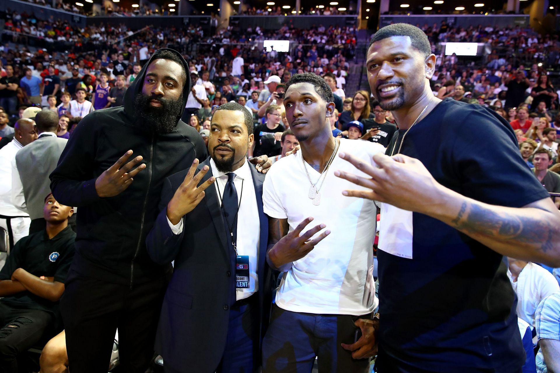 NBA Player James Harden, BIG3 league founder Ice Cube, NBA player Lou Williams and Jalen Rose pose during week one of the BIG3 three on three basketball league at Barclays Center on June 25, 2017 in New York City.