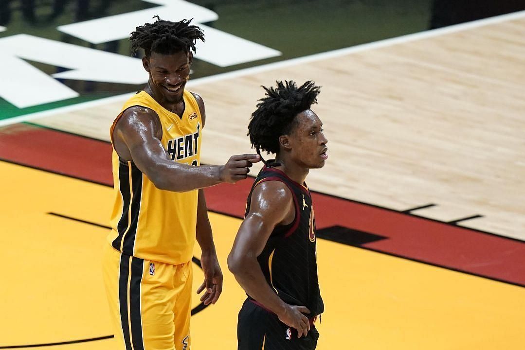 Jimmy Butler of the Miami Heat having fun with Cleveland Cavaliers&#039; Collin Sexton [Source: AP]