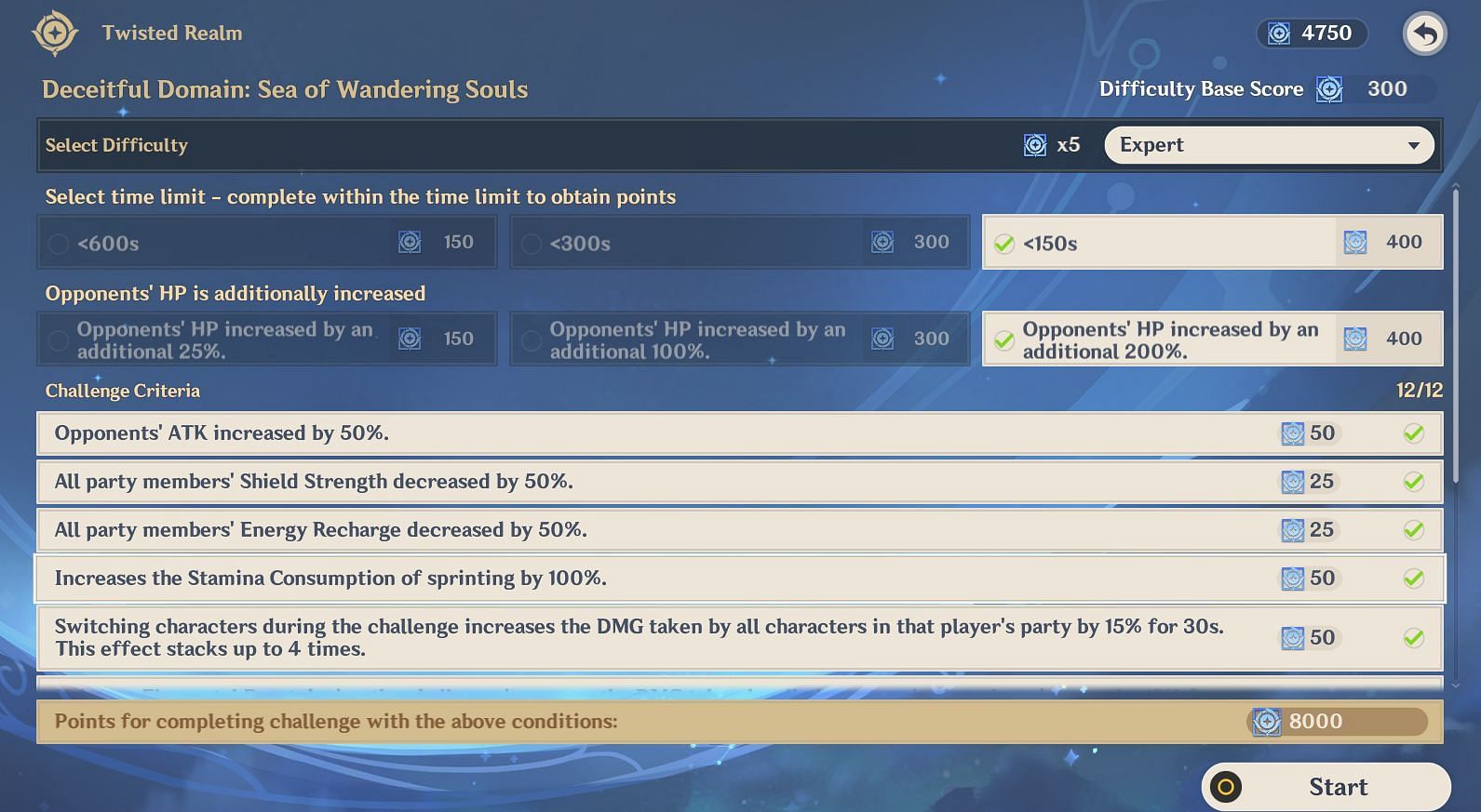 Select the difficulty level and challenge conditions (Image via Genshin Impact)