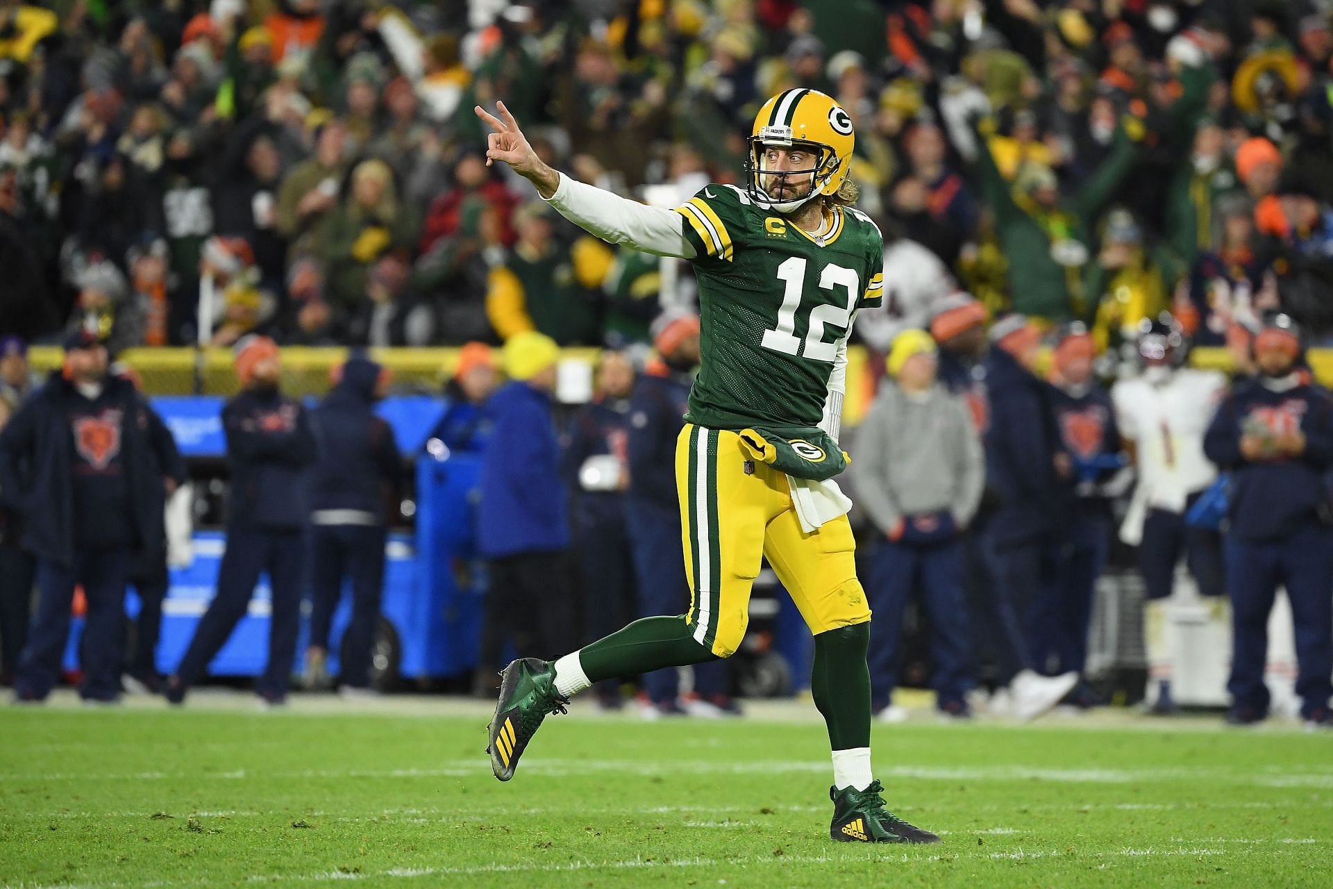 Rodgers seen during Sunday night&#039;s win over Chicago (Photo: Getty)