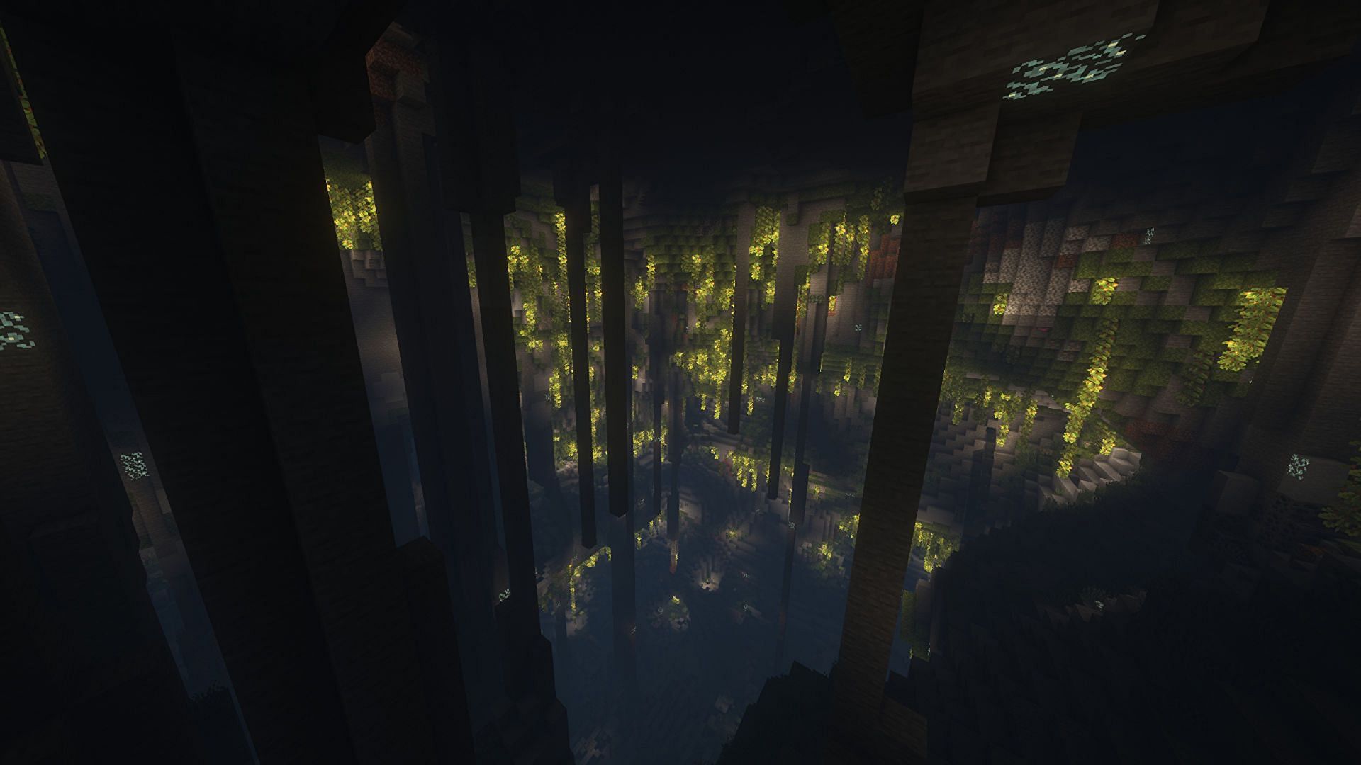 A hollow mountain with a lush cave (Image via Minecraft)